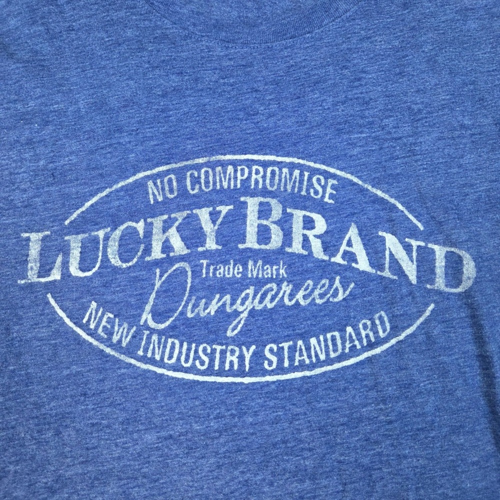 Lucky Brand Graphic Tee Mens M Short Sleeve Dungarees Logo Crew Neck Blue Shirt